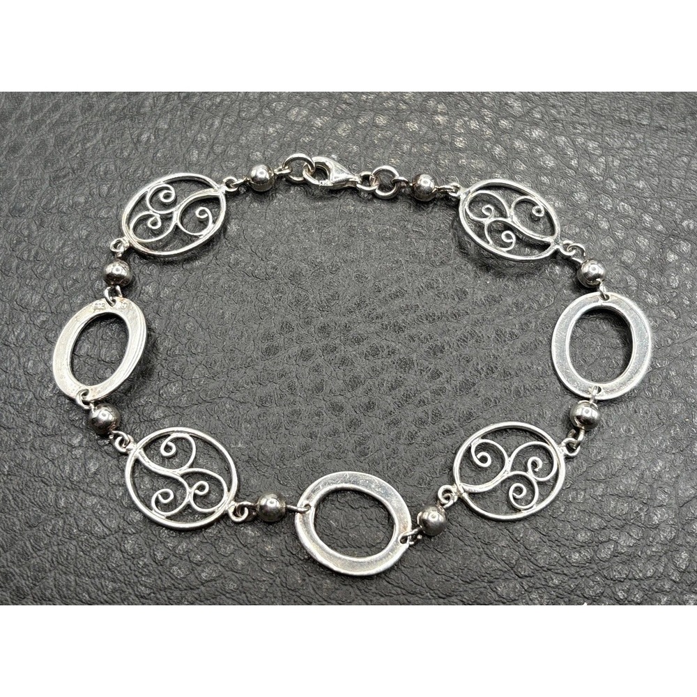 Vintage Sterling Silver 925 Filigree Scroll Oval Link Bracelet Boho 8"